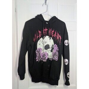 Wild at Heart Black Hoodie Women Size XXS Skull & Purple Roses No Boundaries